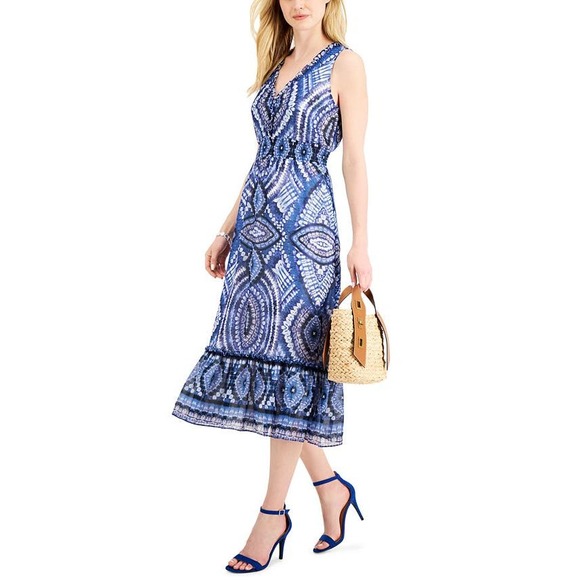 Just...Taylor Dresses & Skirts - NWT Just Taylor Midi Dress 4 Blue V-Neck A-Line Voile Printed Smocked Ruffle Hem